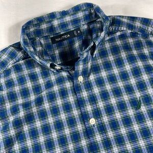 Nautica mens blue green tartan plaid long sleeve button down shirt - size M